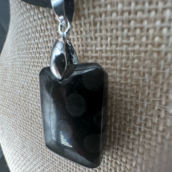Black Coral Fossil Pendant Necklace on Black Satin Rope - Picture 3 of 14